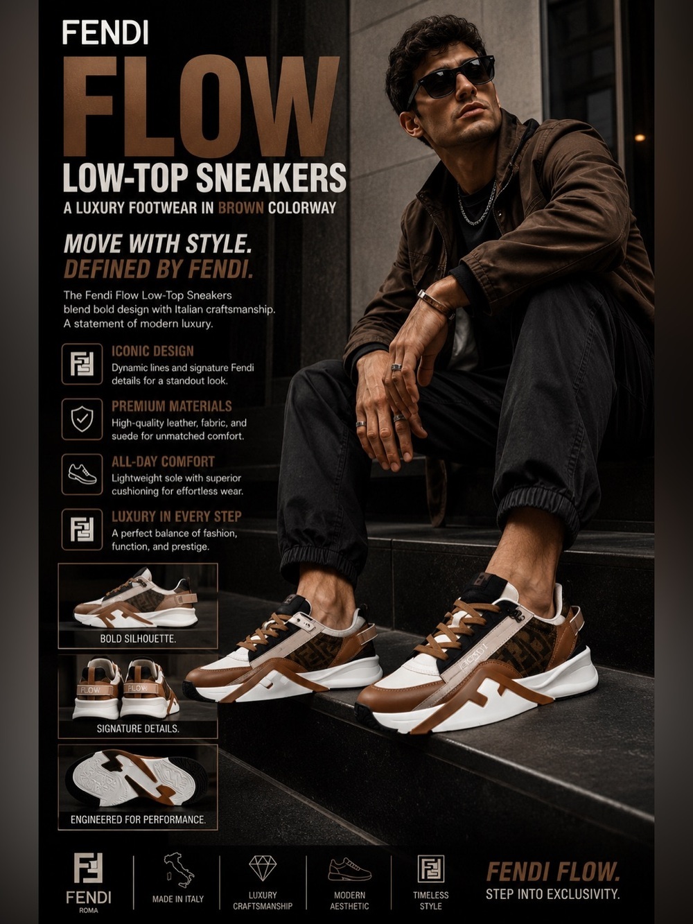 New!🔥Fendi Flow Low-Top Sneakers, a luxury footwear in Brown Colorway!🔥